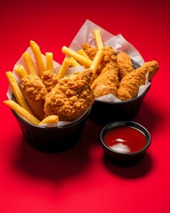 Crispy fried chicken wings and tenders, alongside french fries, arranged in two black bowls on a vibrant red sauce 