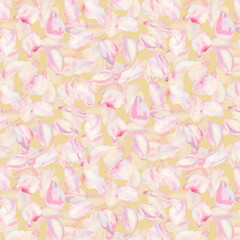 Obraz premium Petals of a blooming spring tree in flight. Seamless pattern of cherry, apple, almond petals on a colored background. Watercolor template for Hanami, sakura blossom festival, textile, print, wallpaper