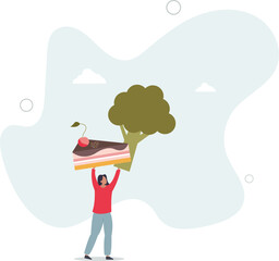 Woman choosing between healthy and unhealthy food .Choice for body health concept.flat character life .