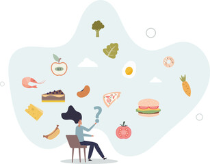 Choosing the type of food concept. A woman chooses between healthy and harmful food.flat character life .