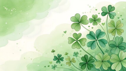 A light and elegant watercolor design with a soft green gradient background and a shamrock theme. There is a cluster of layered green shamrocks with subtle 3D shading on the right side.