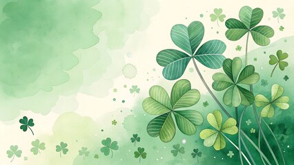 A light and elegant watercolor design with a soft green gradient background and a shamrock theme. There is a cluster of layered green shamrocks with subtle 3D shading on the right side.