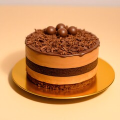 Chocolate mousse cake on a golden plate, sitting on a light beige surface