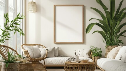 Mock-up frame on the wall of a cozy living room, light cream walls, rattan and wooden furniture, potted plants, natural light streaming through windows, 3D render.