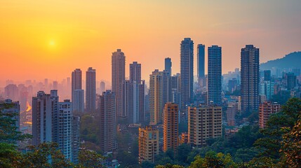 Obraz premium Sunset cityscape, Hong Kong skyline, urban landscape, hilltop view, travel photography