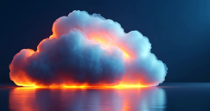 A static shot of a cloud illuminated with orange and red light, reflected in dark water.