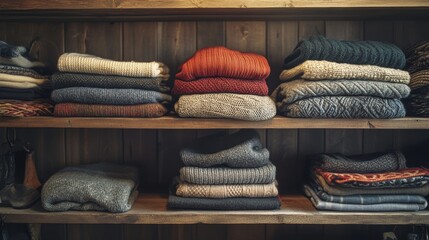 Cozy Arrangement of Colorful Knit Sweaters on Wooden Shelves in a Warm Atmosphere