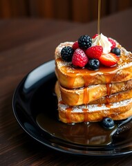 french toast drenched in rich brown syrup, topped with fresh berries