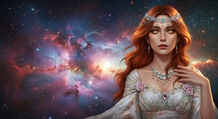 Elegant Woman in Galaxy Background Fantasy Portrait Digital Art