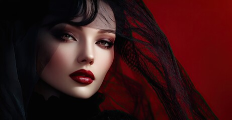 portrait of a beautiful vampire editorial fashion model with pale skin and black hair, wearing elegant gothic makeup