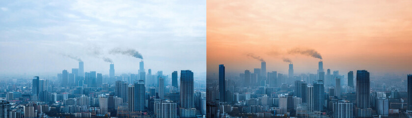 Fototapeta premium PM 2.5 air pollution health risk. Urban skyline at sunrise with contrasting blue and orange tones.