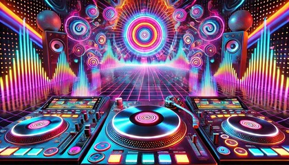 Colourful digital sound graph background, A high-quality 90s magazine-style futuristic DJ setup with a psychedelic aesthetic. Neon turntables glow vibrantly, emitting colorful sound waves.