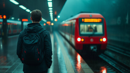 Fototapeta premium young man stands on rainy underground platform, waiting for train. atmosphere is moody and reflective, with red train approaching in background