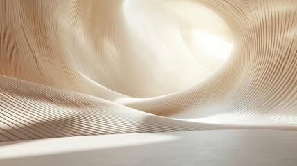 Abstract beige architectural interior with smooth curves and light source.