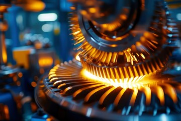 Factory machinery glows orange, precision manufacturing process, industrial background