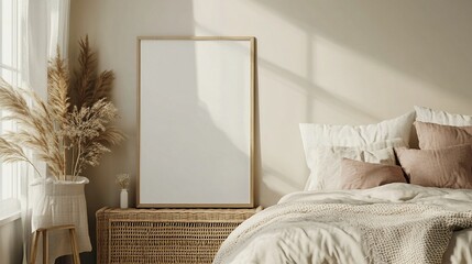 Mock-up frame leaning against the wall on a wooden console, cozy bedroom with wicker furniture, soft neutral bedding, warm tones, potted plant nearby, 3D render.