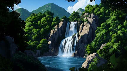 Naklejka premium Lush Waterfall Digital Painting: A Serene Summer Landscape AI Generated