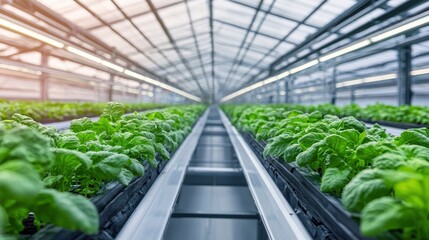 A vibrant greenhouse filled with rows of lush green plants, showcasing modern agricultural practices and sustainable farming.
