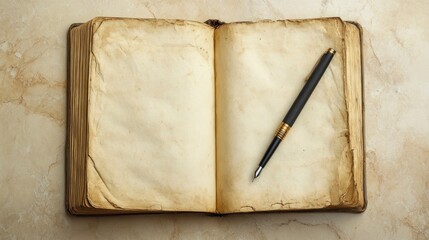 An open book with blank pages and an ink pen resting on top of it. The background is a beige marble, giving the scene an aged appearance, and there is no visible text or writing on any part of the pag