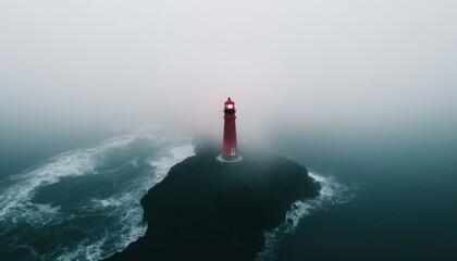 Red lighthouse on rocky coast in dense fog, guiding ships safely