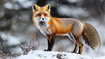 Obraz premium Elegant red fox in snowy forest wildlife photography winter wonderland nature close-up animal behavior