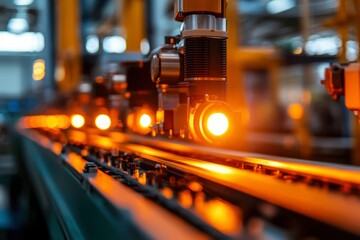 Robotic arm processing glowing material on factory assembly line