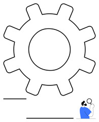 Oversized gear with a small person inspecting using a magnifying glass. Ideal for innovation, mechanics, teamwork, engineering, research, productivity, system analysis. Abstract line flat metaphor