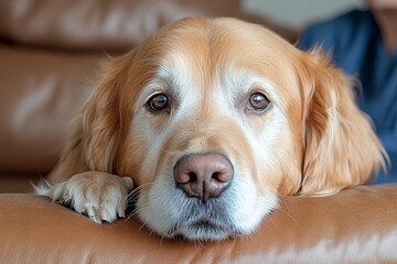 A golden retriever dog is receiving a gentle examination from the female doctor in blue scrubs, in a warm and inviting atmosphere. The shot is a close-up, with a cinematic, realistic feel