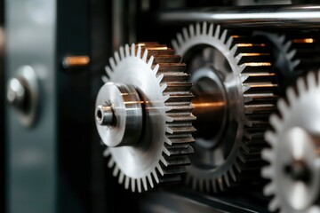 Close-up of interlocking metal gears in a machine, industrial mechanism