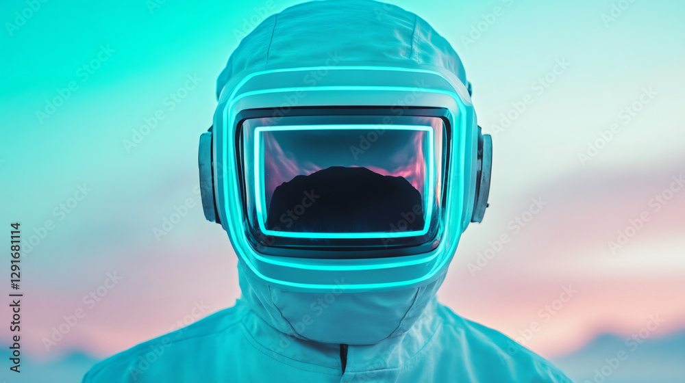 Poster astronaut with illuminated helmet exploring a new planet with mountains reflecting on visor during s