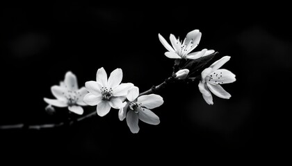 Monochrome cherry blossoms on a branch against a dark background