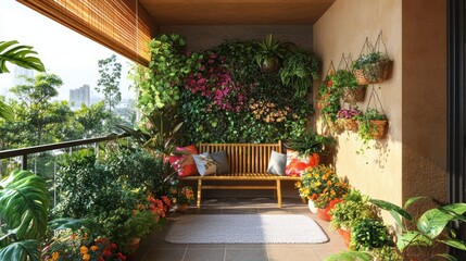 Cozy Urban Balcony Oasis with Lush Greenery and Colorful Flowers for Relaxation and Enjoyment