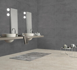 3D Render of Modern Bathroom Interior Featuring Floating Sinks, Decorative Mirrors, and Stylish Accessories on a Sleek Table