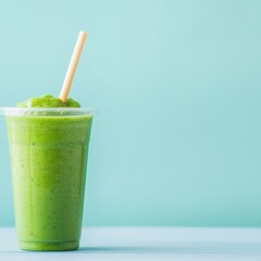 Fototapeta premium Fresh Green Smoothie in Clear Cup with Straw Against Light Background