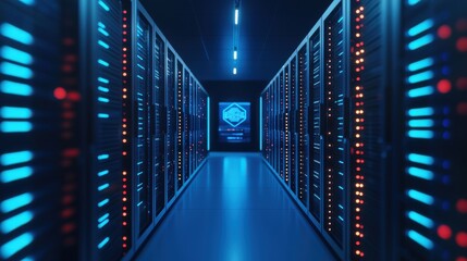 A futuristic data center corridor illuminated by blue and red lights, showcasing rows of server racks and a central display.