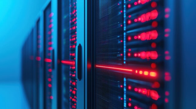 A futuristic data center showcasing rows of servers illuminated with red lights against a blue backdrop.