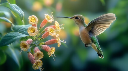 Obraz premium Hummingbird feeding on flowers vibrant garden nature photography soft light close-up beauty of wildlife