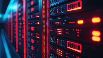 Obraz premium A close-up view of server racks illuminated by red and blue lights, showcasing modern data storage technology.