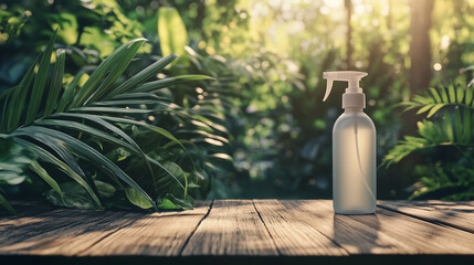 Clear spray bottle with a trigger sprayer standing on a wooden table with a blurred green leafy background, suggesting a natural and eco-friendly cleaning solution.