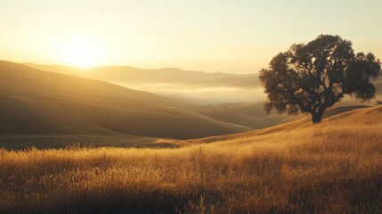 Fototapeta premium Golden sunrise illuminates rolling hills and fog in serene landscape at early morning