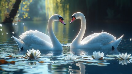 Fototapeta premium Graceful swans swimming together in tranquil lake amidst nature's beauty serene and peaceful environment