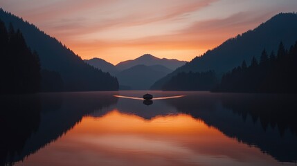Fototapeta premium Sunrise over mountain lake, calm water reflecting vibrant sky, perfect for travel brochures