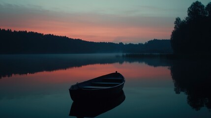 Obraz premium Serene sunrise lake with lone boat, tranquil misty morning, ideal for nature theme