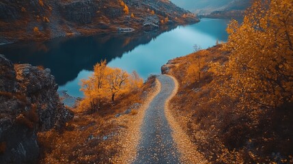 Autumn landscape by serene lake with vibrant orange foliage reflecting in calm waters during a peaceful afternoon