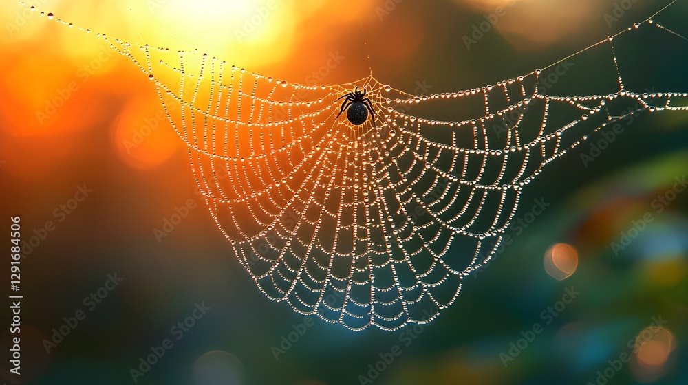 Wall mural a mesmerizing close up shot of a single delicate strand of a spider web with tiny water droplets gli