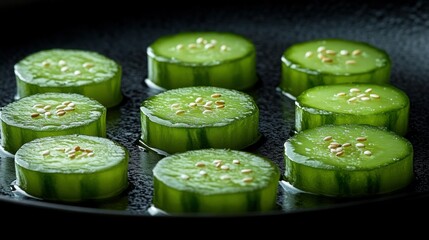 Sliced cucumbers, sesame seeds, dark pan, food styling