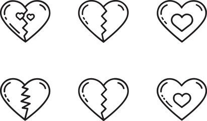Doodle broken heart line art vector icons set, love heart editable stroke outline illustration. Isolated on a white background.