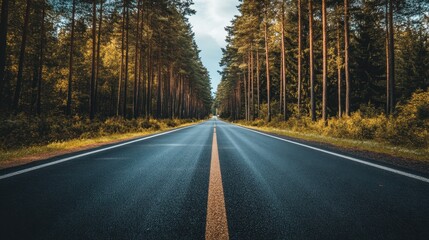 Fototapeta premium Long tree-lined road stretches through countryside under a blue sky filled with clouds in daylight