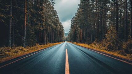 Naklejka premium Long tree-lined road stretches through countryside under a blue sky filled with clouds in daylight