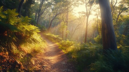 Obraz premium Sunlight filters through trees along a tranquil forest path in early morning light